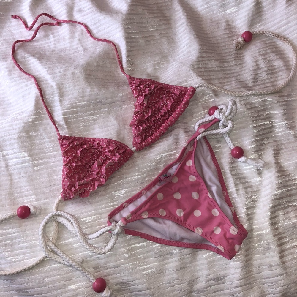Pink and white polka dot ruffle bikini
